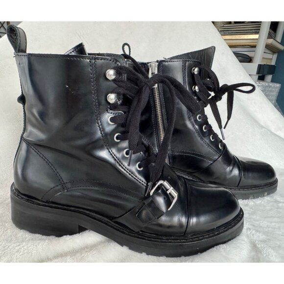 All Saints Black Leather Combat Boots Donita Sz. 39 (US 8) Lace-Up Side Zipper - Picture 1 of 12